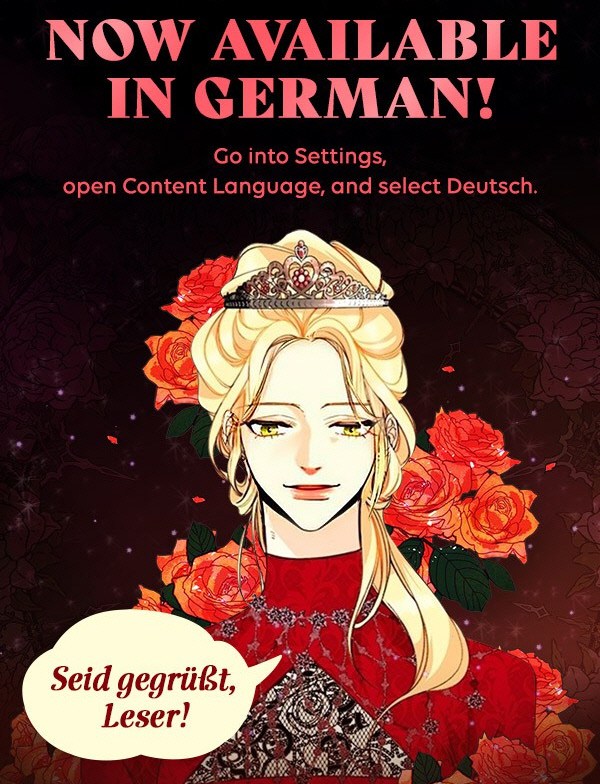 독일어 서비스 오픈 안내 이미지. ‘재혼황후’의 주인공 ‘나비에’가 독일어로 “환영합니다. 독자 여러분”으로 인사하고 있다. 사진=네이버